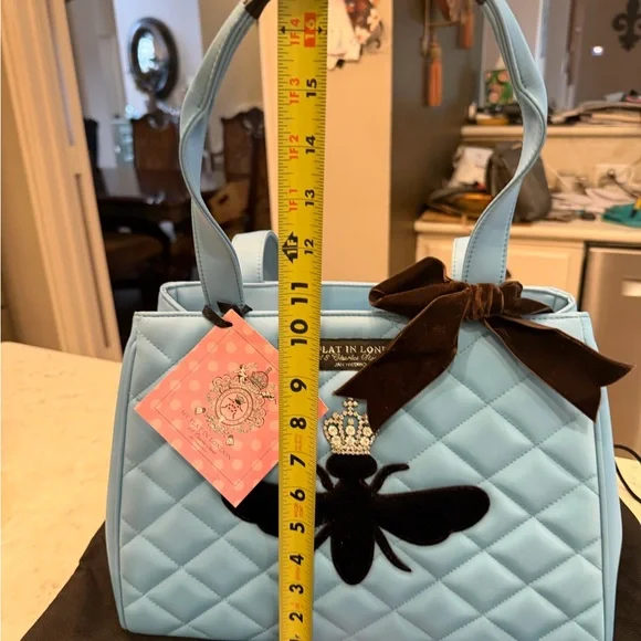 NWT My Flat in London Light Blue Quilted Blue Handbag/Tote with brown velvet bee